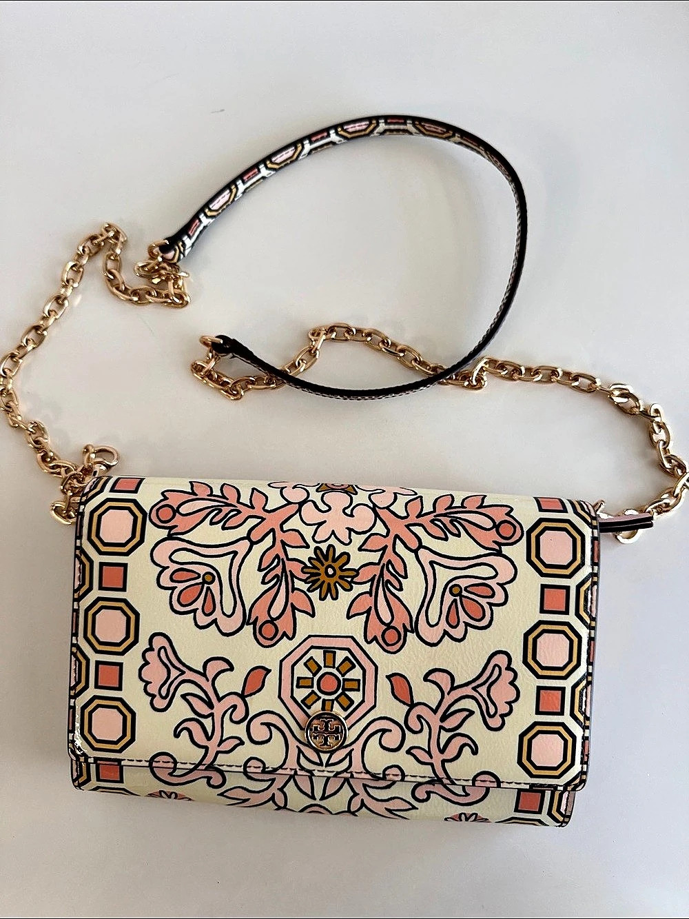 Tory Burch Hicks Garden Party Chain Wallet Crossbody Bag Pink & Cream
